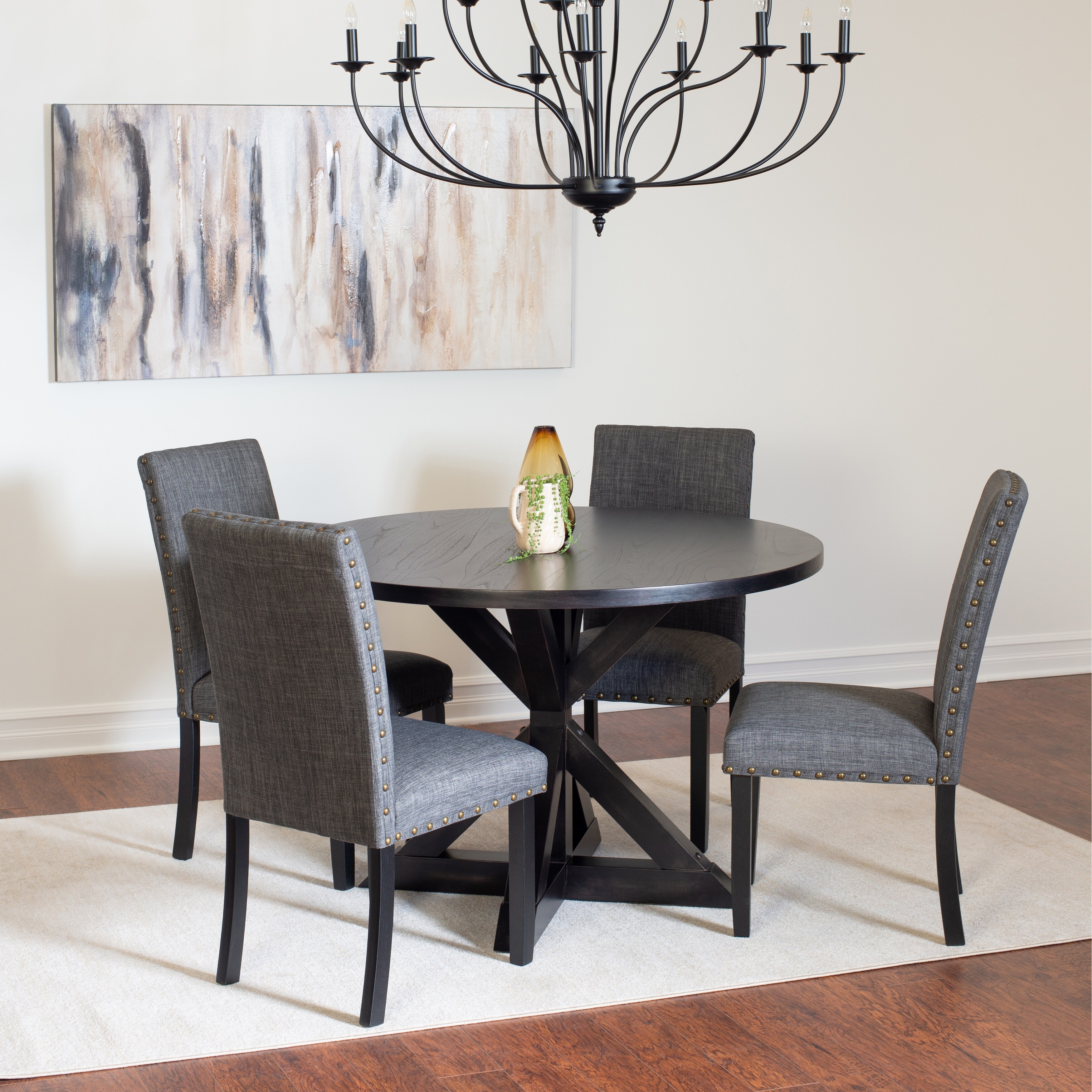 Modern 5 piece Round Dining Table Set with Cross Buck Dining Table Upholstered Chairs w Nailhead Black Gray